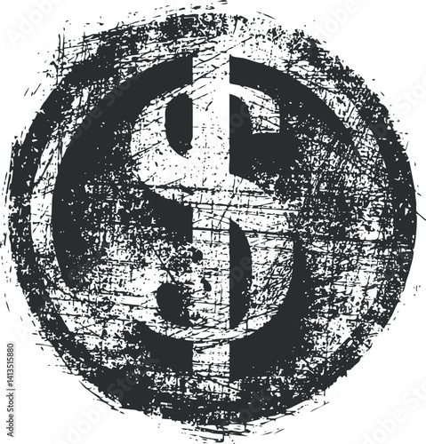 Grunge style dollar symbol representing finance and commerce in a circular design.
