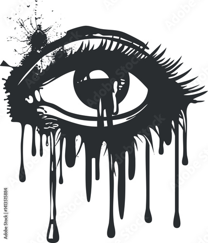 An artistic black and white illustration of an eye with dripping tears conveying deep emotion.