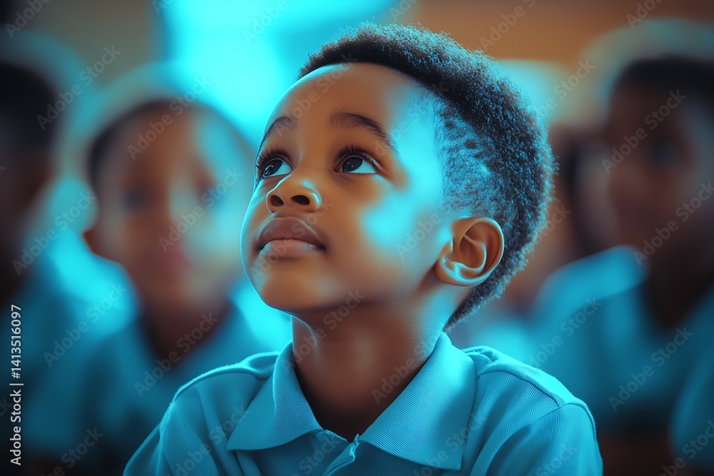 A young boy with an inquisitive gaze immersed in learning with classmates showcasing curiosity and engagement : Generative AI