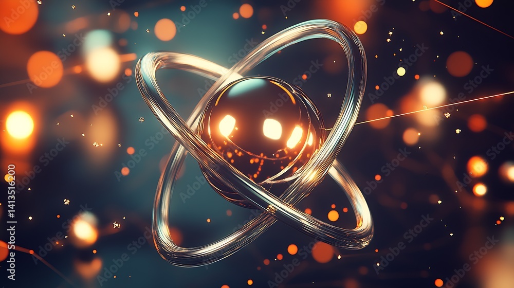 Abstract Artistic Representation of an Atom Surrounded by Striking Glowing Orbs and Sparks : Generative AI