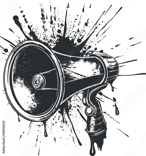 A dynamic illustration of a megaphone with ink splashes symbolizing loud communication and announcements.