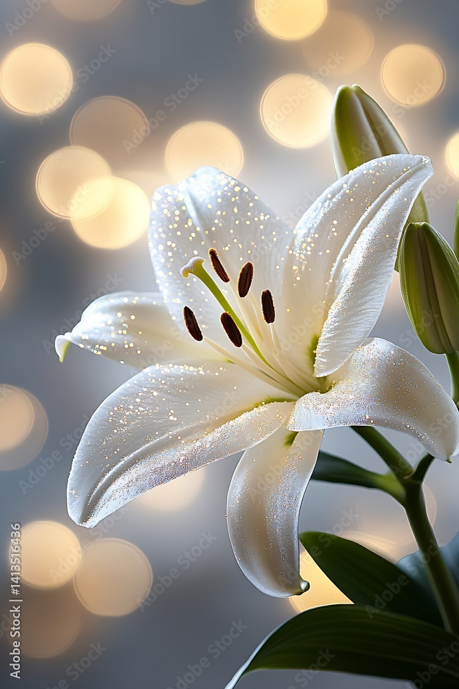 Beautiful white lily flower with sparkling details and soft background bokeh lights for a floral masterpiece : Generative AI