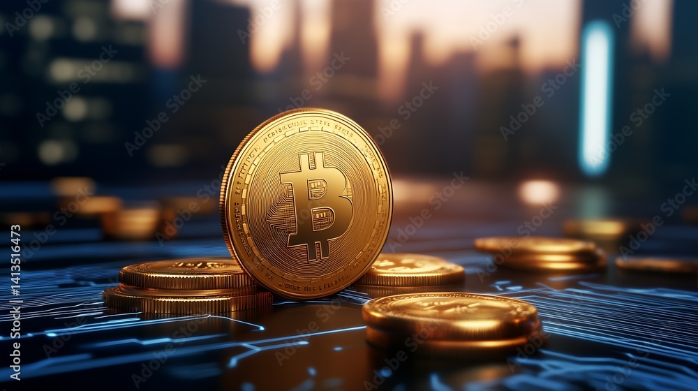 A Close-up View of Giant Gold Bitcoin Coins on a Circuit Board with a City Background : Generative AI