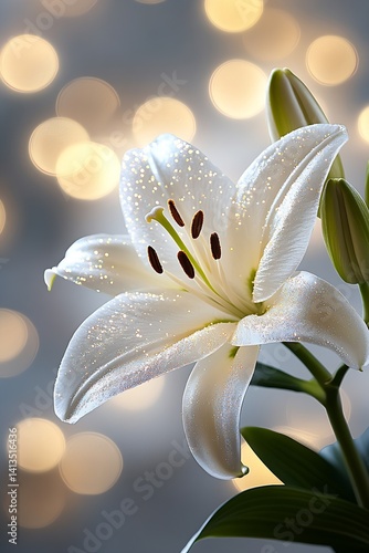 Beautiful white lily flower with sparkling details and soft background bokeh lights for a floral masterpiece : Generative AI
