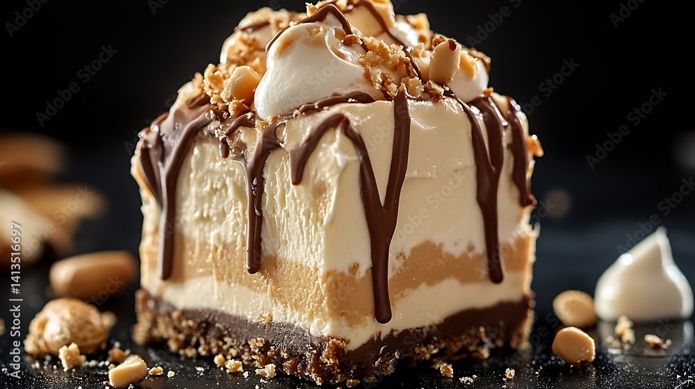 Delicious layered dessert with chocolate drizzle and crushed nuts on top in dark background : Generative AI