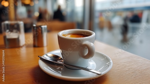 Freshly Made Espresso in a Cozy Cafe with a Stylish White Cup and Wooden Background : Generative AI