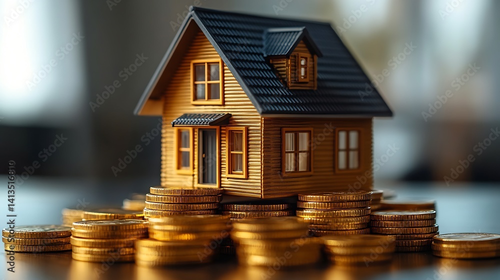 Miniature wooden house model surrounded by stacks of golden coins representing real estate investment : Generative AI