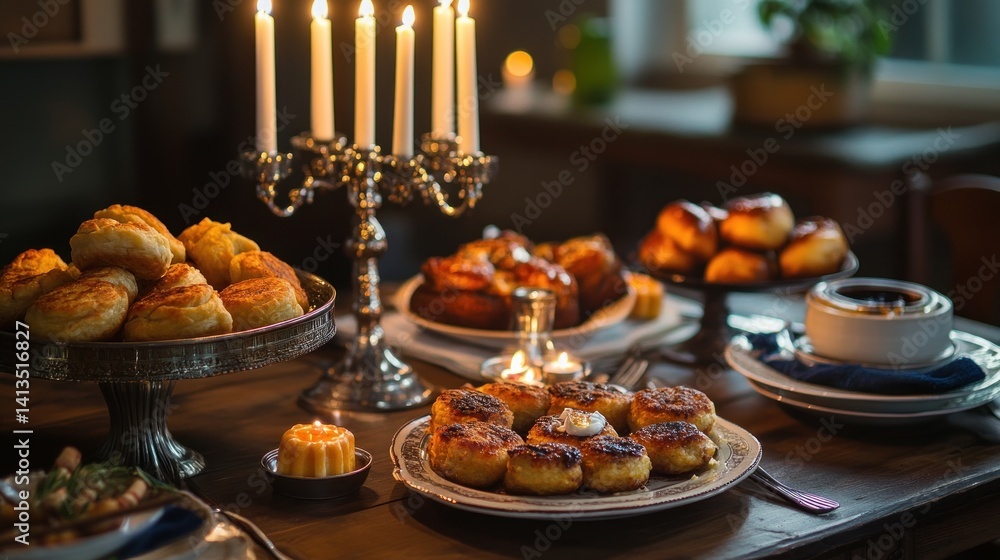 A table set with latkes, sufganiyot, and dreidels for a Hanukkah feast --ar 16:9 --v 6.1 Job ID: 6a99a6e6-6c34-4067-a180-8752c4407468