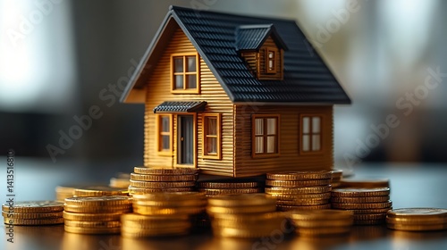 Obraz na płótnie Miniature wooden house model surrounded by stacks of golden coins representing real estate investment : Generative AI w salonie