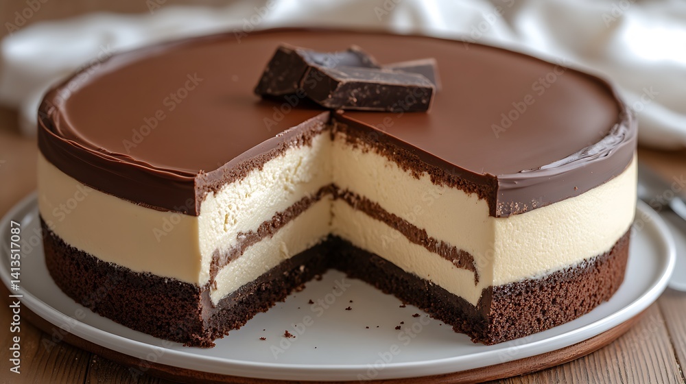 Deliciously Indulgent Chocolate Layered Cake with Cream Filling and Dark Chocolate Topping : Generative AI