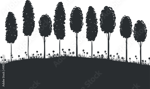 Silhouette of trees and flowers on a gently rolling hillside against a white background.
