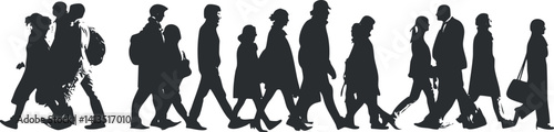 Silhouette of diverse people walking in various directions, depicting urban life and movement.