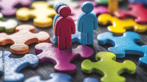 Obraz na płótnie Colorful wooden puzzle pieces with two playful figures standing out against a vibrant background : Generative AI w salonie