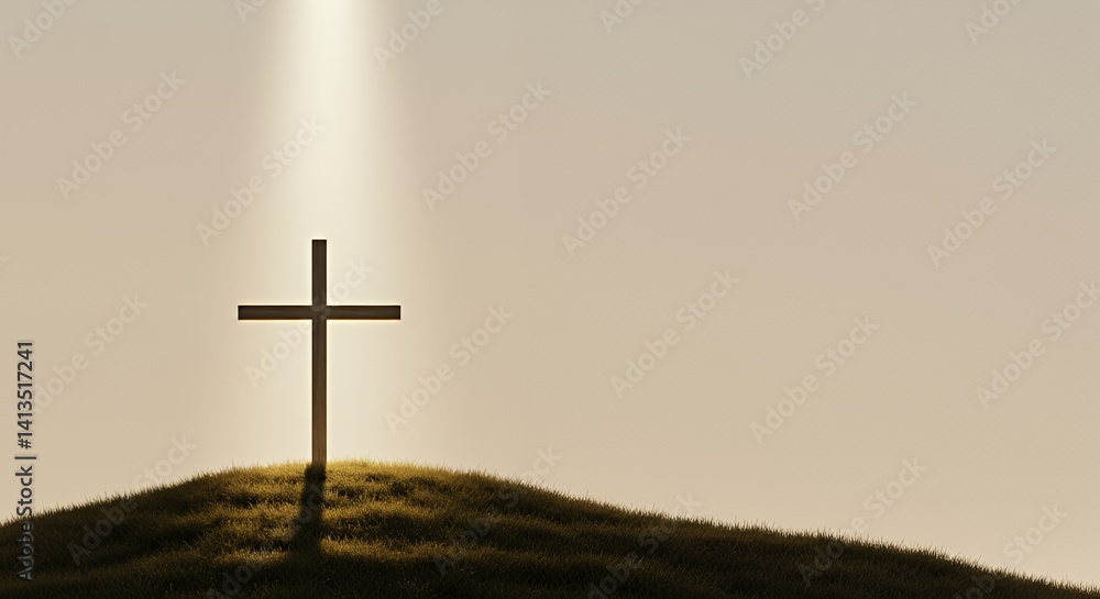 Cross on Hill with Light Ray Peaceful Religious Symbol Cross on Hill with Light Ray Peaceful Religious Symbol