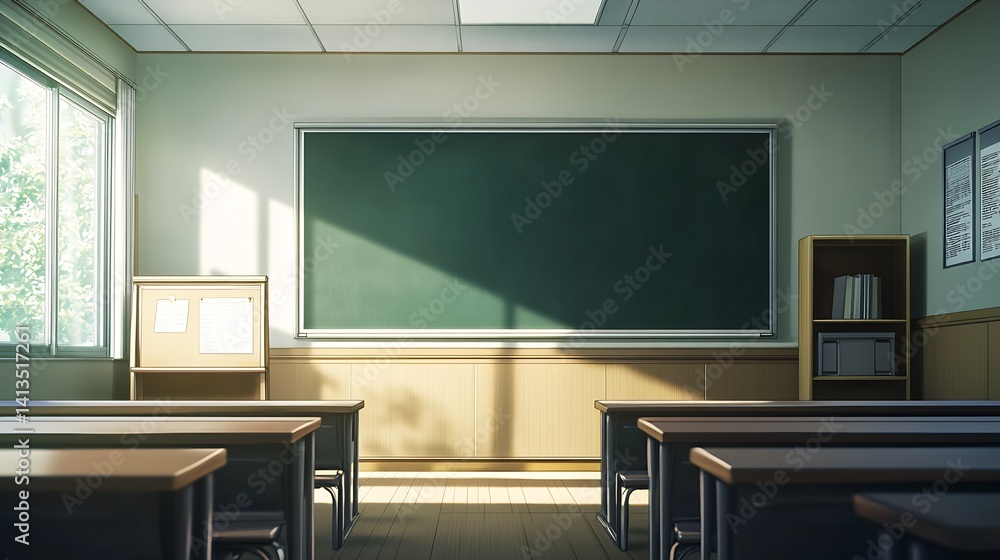 Bright and inviting classroom interior with sunlight pouring through windows and an empty blackboard : Generative AI