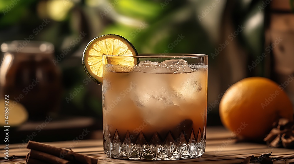 Refreshing Cocktail with Citrus Garnish on a Rustic Wooden Table Surrounded by Nature : Generative AI