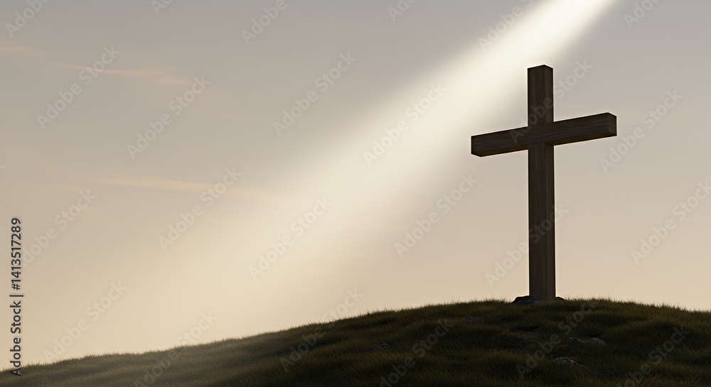 Naklejka premium Wooden Cross on Hill with Sky and Light Beam