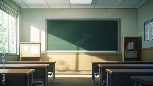 Obraz na płótnie Bright and inviting classroom interior with sunlight pouring through windows and an empty blackboard : Generative AI w salonie