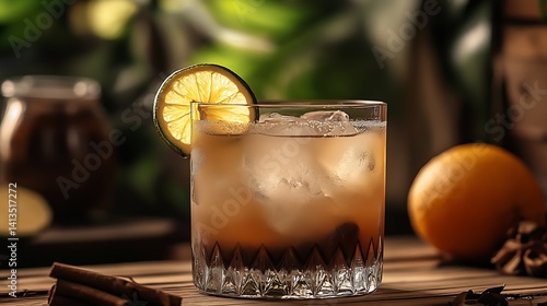 Obraz na płótnie Refreshing Cocktail with Citrus Garnish on a Rustic Wooden Table Surrounded by Nature : Generative AI w salonie
