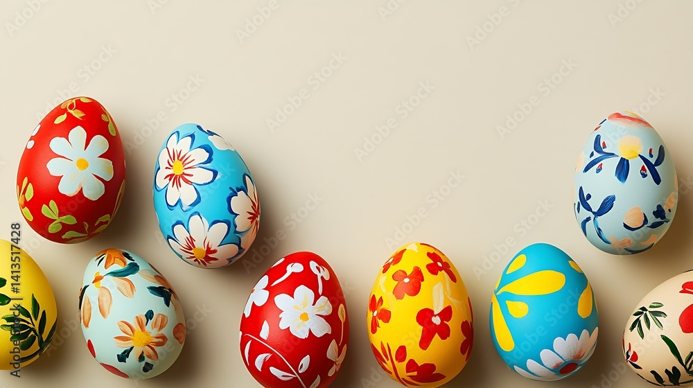 Colorful Easter Eggs with Bright Floral Patterns Set Against a Neutral Background : Generative AI