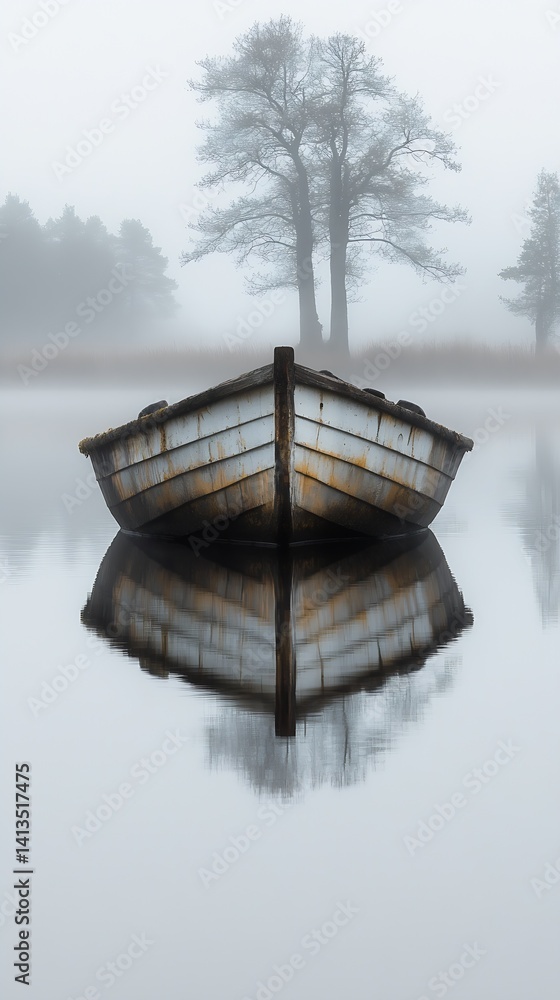 Calm Misty Scene Featuring a Rustic Boat Reflected in a Tranquil Water Surface Surrounded by Trees : Generative AI