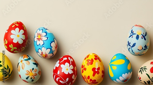 Obraz na płótnie Colorful Easter Eggs with Bright Floral Patterns Set Against a Neutral Background : Generative AI w salonie