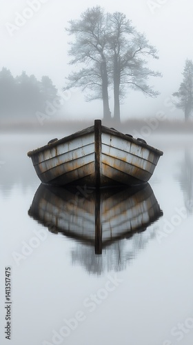Obraz na płótnie Calm Misty Scene Featuring a Rustic Boat Reflected in a Tranquil Water Surface Surrounded by Trees : Generative AI w salonie