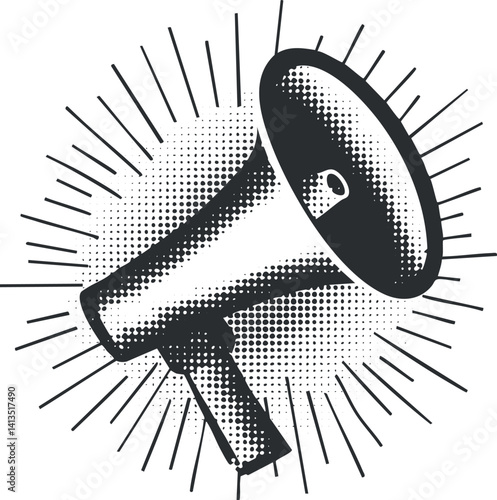 A vintage style megaphone graphic with rays emanating from it, symbolizing communication.