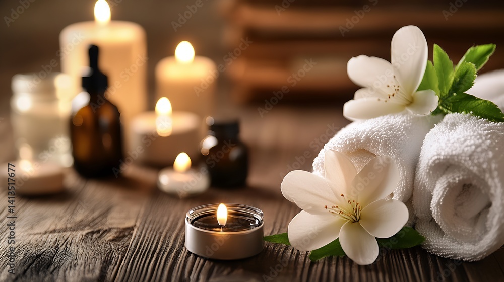 Calming spa setup with candles, essential oils, and fresh flowers for a relaxing atmosphere captured on wooden surface : Generative AI