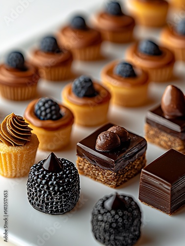 Obraz na płótnie Assorted mini desserts featuring chocolate, vanilla and berry toppings for a delightful sweet treat : Generative AI w salonie
