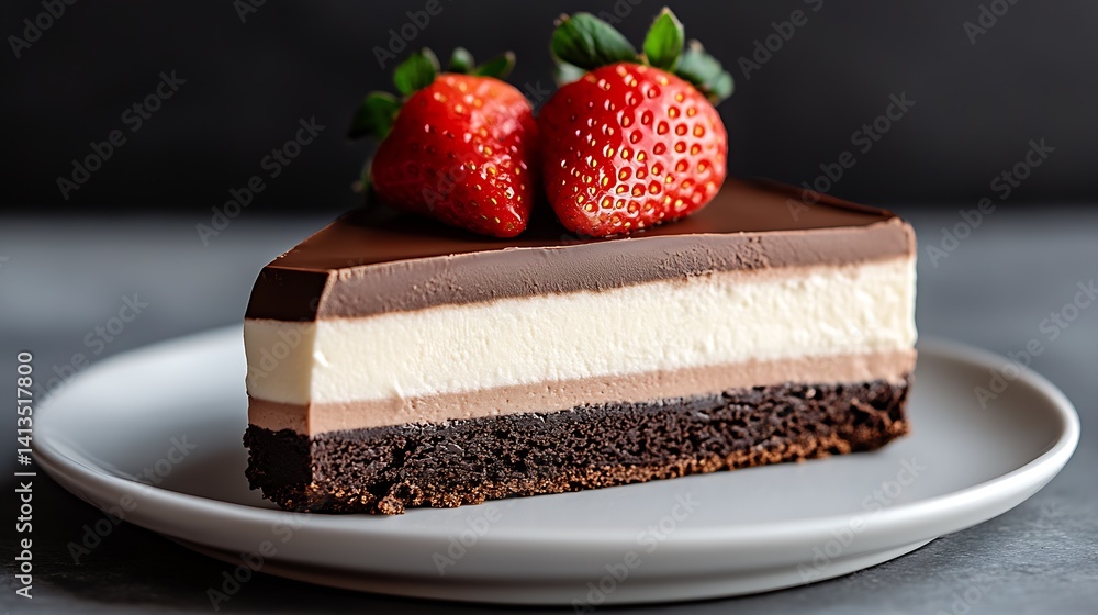 Delicious layers of chocolate and vanilla mousse cake topped with fresh strawberries on plate : Generative AI