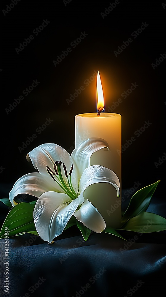 Elegant White Lily Flower Next to a Lit Candle Against a Dark Background : Generative AI