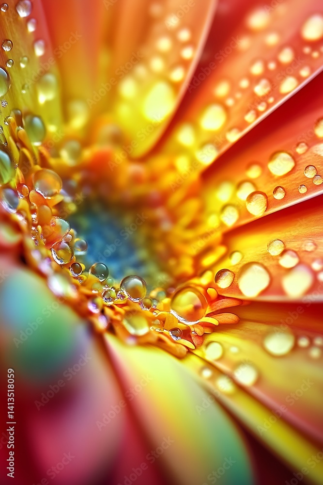 Stunning close-up of a vibrant flower showcasing delicate droplets of water crafted in rich orange and yellow hues : Generative AI