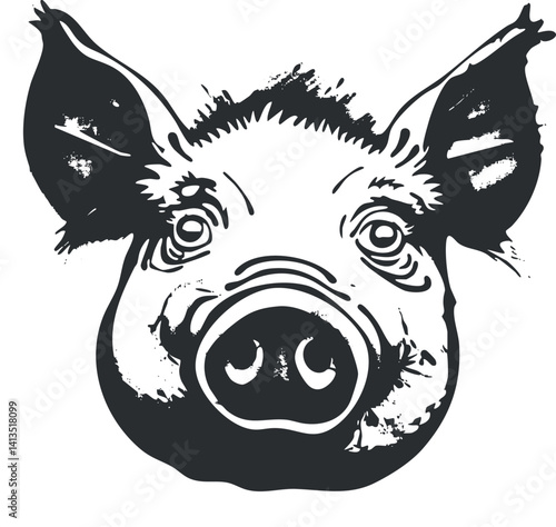 A stylized black and white illustration of a pig's head showcasing its features and character