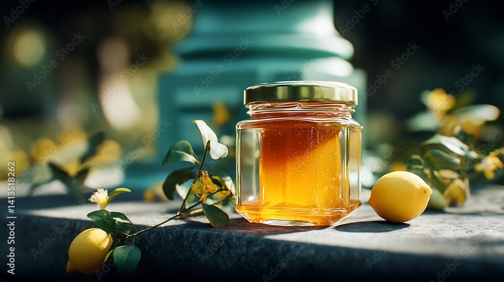Delicious Jar of Honey Surrounded by Fresh Lemons and Green Leaves under Natural Light : Generative AI