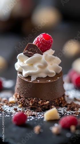 Obraz na płótnie Decadent chocolate mousse topped with fresh raspberry and whipped cream in a gourmet dessert presentation : Generative AI w salonie