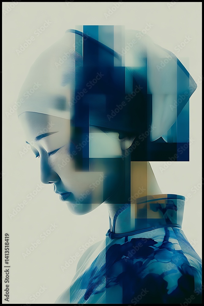Artistic Portrait of a Woman with Abstract Geometric Colors and Shapes Creating a Unique Look : Generative AI