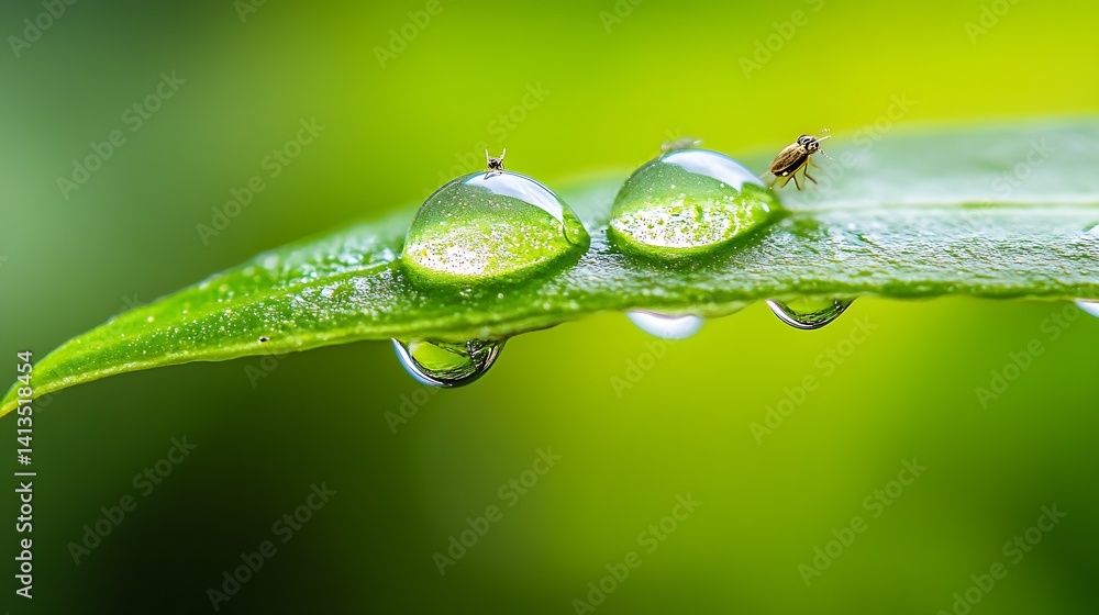 Close-up of dew droplets on lush green leaf reflecting vibrant light : Generative AI