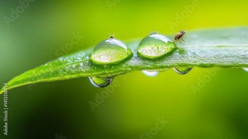 Close-up of dew droplets on lush green leaf reflecting vibrant light : Generative AI
