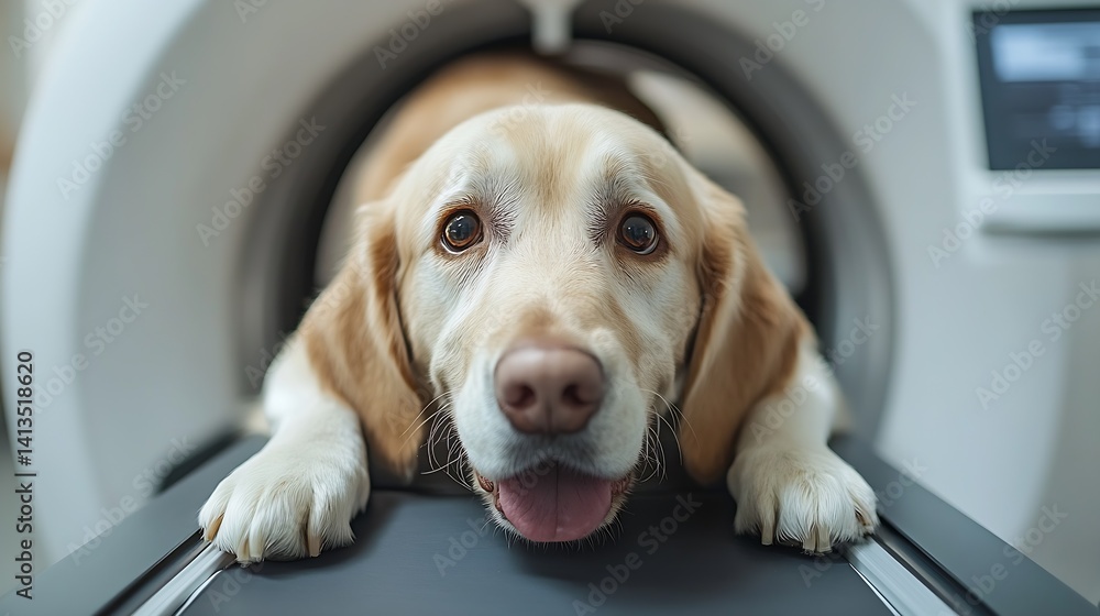 Golden retriever dog looking towards the camera while relaxing on a CT scan table in a veterinary clinic : Generative AI