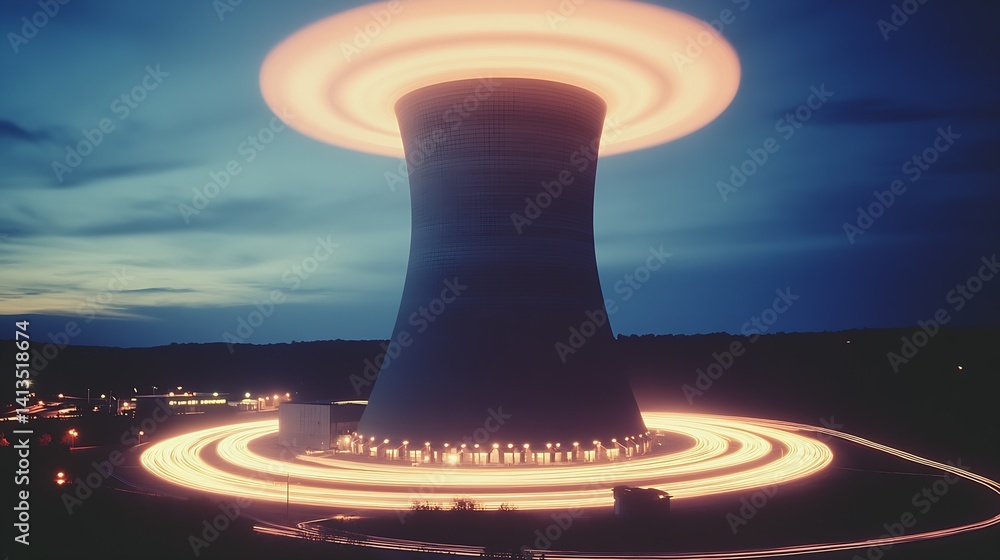 An illuminated cooling tower at night showcasing beautiful light trails and a moody atmosphere : Generative AI