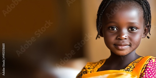 Obraz na płótnie Portrait of a young African girl smiling radiantly wearing a traditional bright dress with intricate patterns : Generative AI w salonie