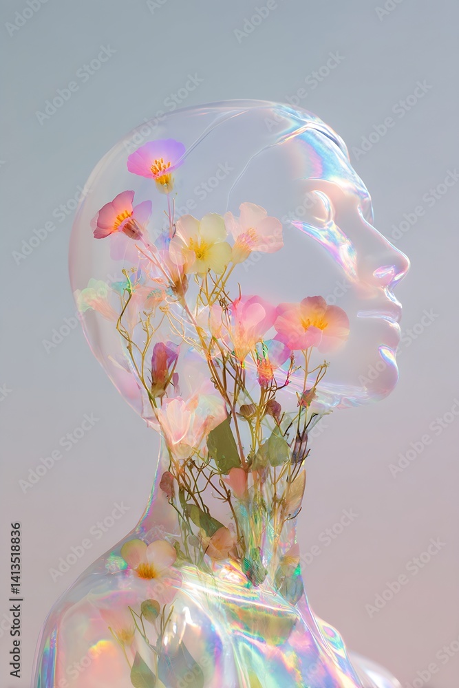 A stunning art piece of a translucent figure filled with colorful flowers showcasing beauty and nature : Generative AI