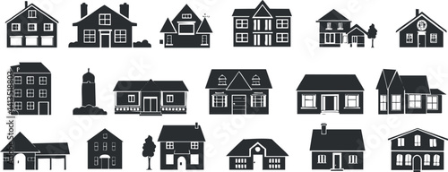 A collection of various house silhouettes showcasing different architectural styles and designs.