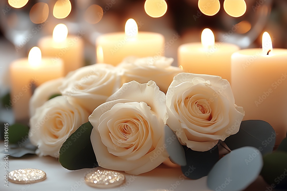 Beautiful White Roses Decorated with Candles Creating a Romantic Atmosphere Perfect for Special Occasions : Generative AI