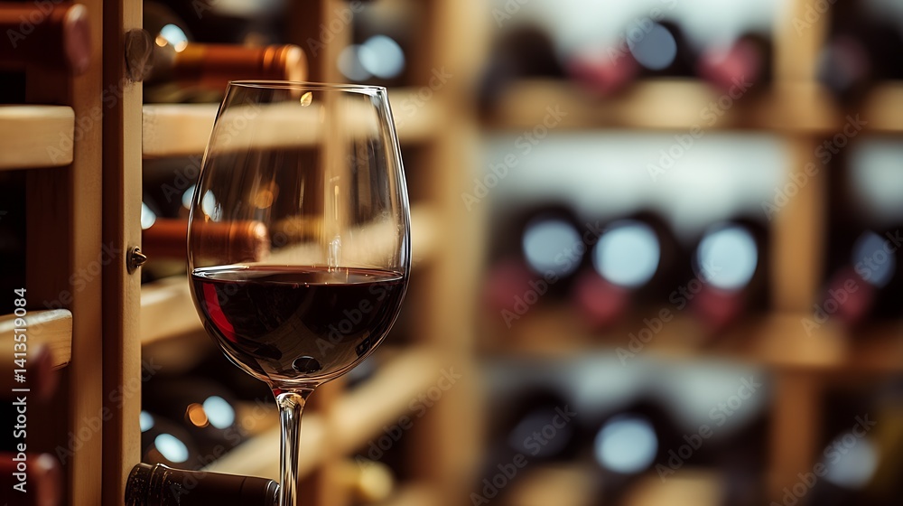 Elegant wine glass filled with red wine in front of a well-stocked wine cellar showcasing various bottles : Generative AI