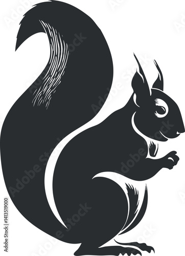 A playful black silhouette of a squirrel with a bushy tail and expressive features.