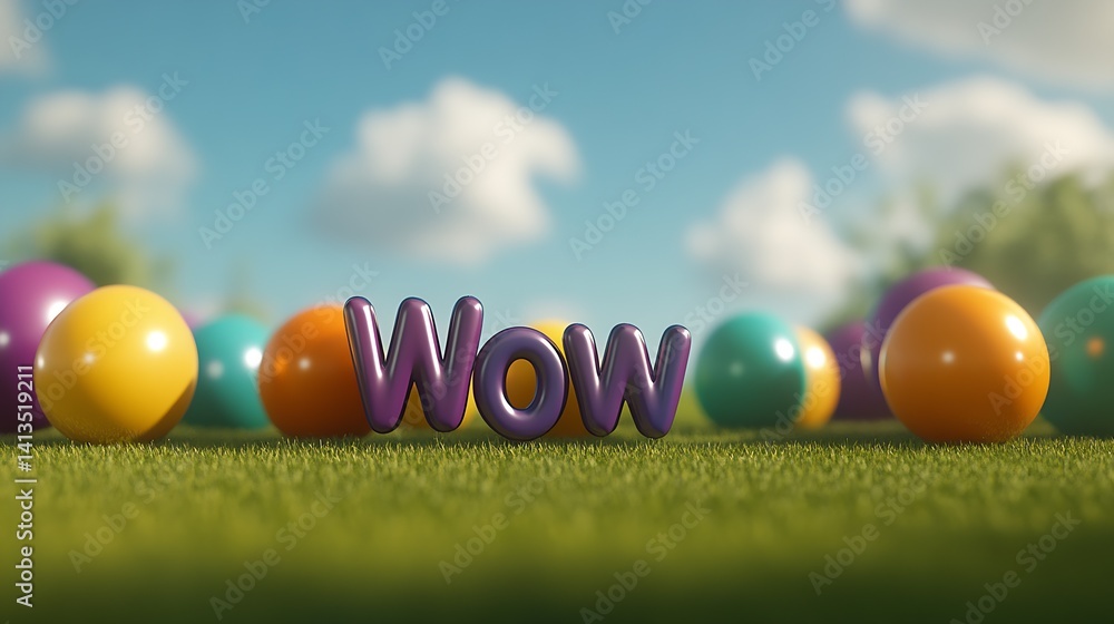 Colorful playful concept featuring the word Wow surrounded by vibrant balls on grass : Generative AI