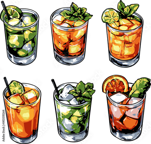 Refreshing cocktails displayed on a white background featuring vibrant colors and garnishes