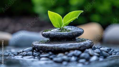 Serene nature scene balanced stones and growing plant seedling